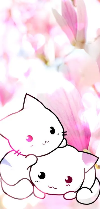 Cute cartoon cats with pink floral background wallpaper.