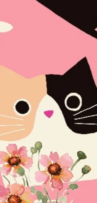 Cute cats and flowers on a pink wallpaper.