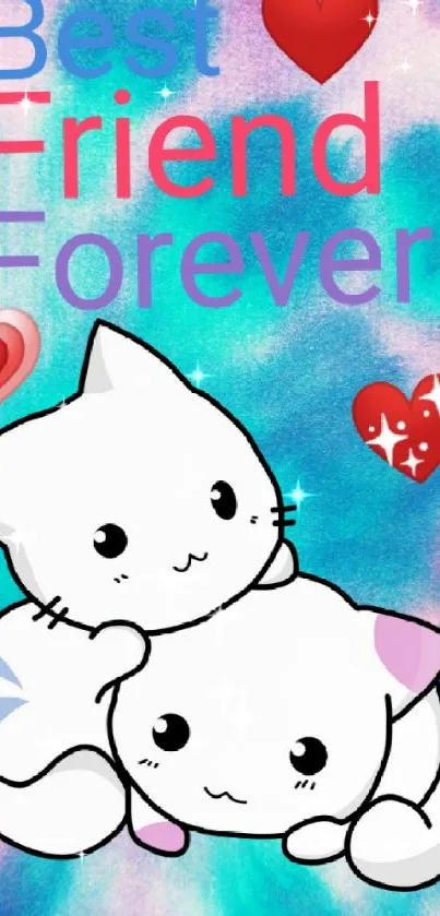 Two cute cartoon cats on tie-dye background with hearts and 'Best Friend Forever' text.