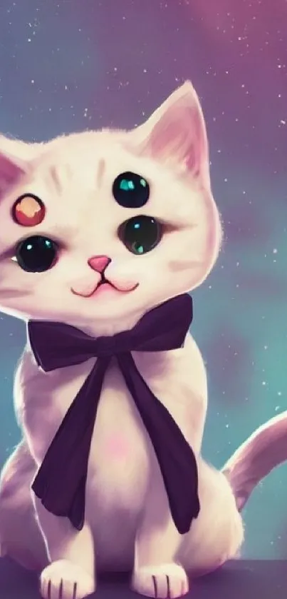 White cat with a bowtie in a starry galaxy background, perfect for mobile wallpaper.