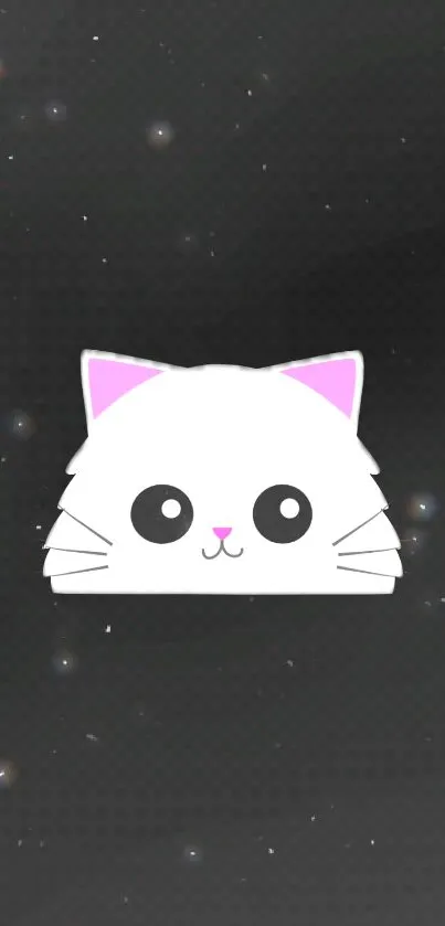 Cute white cat with pink ears against a starry galaxy background for mobile wallpaper.