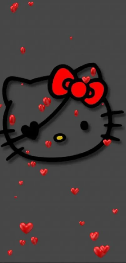 Cute cat design on grey background with red bow.