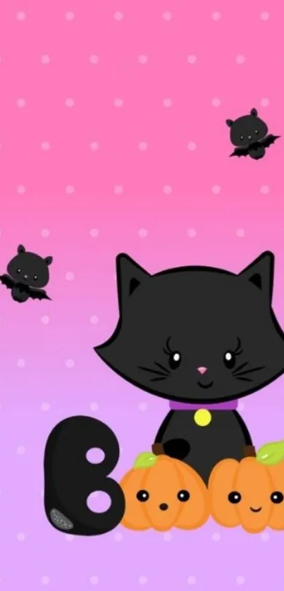 Cute Halloween wallpaper with a black cat, pumpkins, and bats on a pink background.