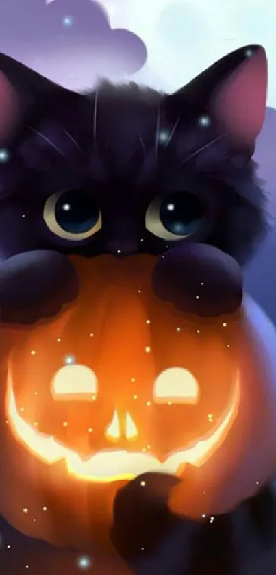 Cute black kitten holding a glowing Halloween pumpkin.