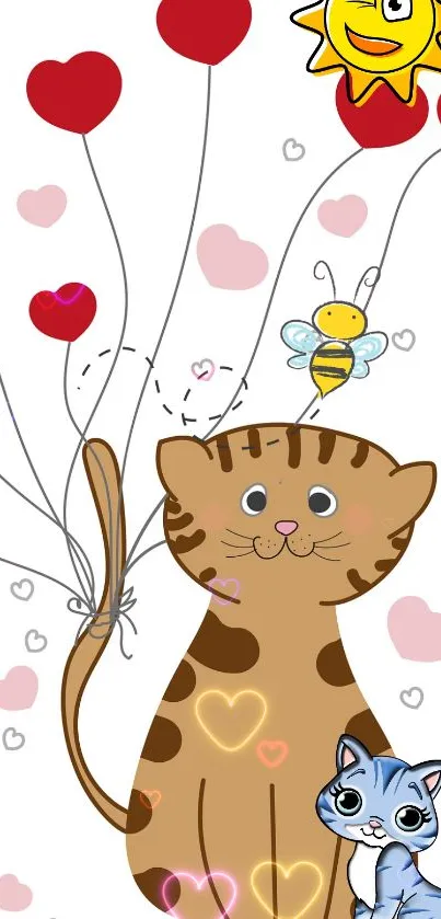 Cartoon cats with heart balloons, mobile wallpaper.