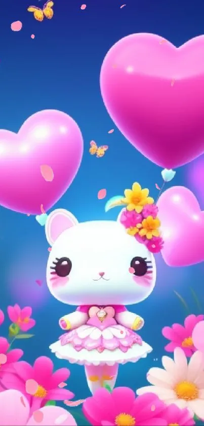 Adorable cat with heart balloons and flowers wallpaper.