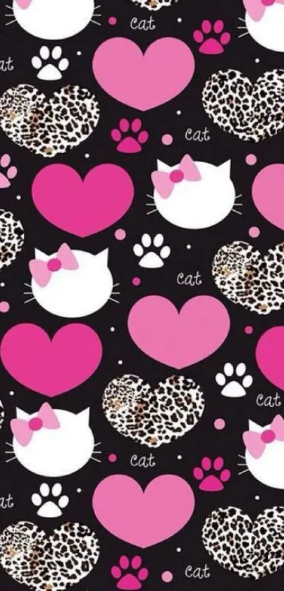 Cute wallpaper with cat faces, pink and leopard hearts.