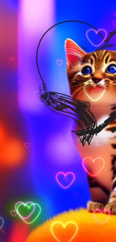 Cute kitten with colorful hearts background.