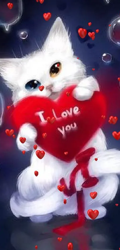 White cat with heart saying 'I Love You' on dark blue background.