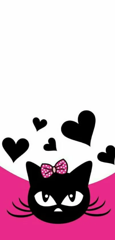 Cute cartoon cat with hearts and pink background.