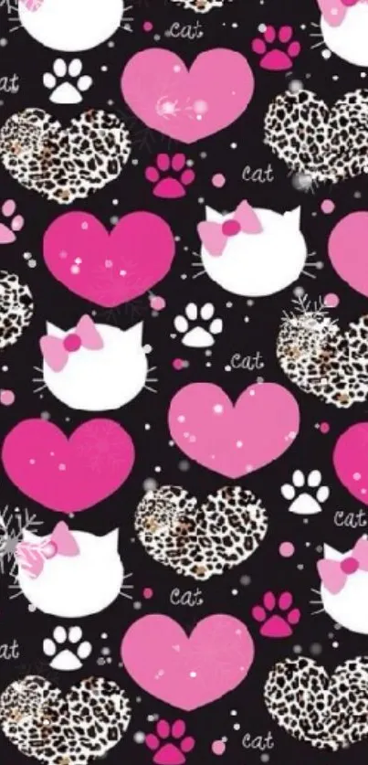 Cute mobile wallpaper with cat faces, hearts, and leopard print.