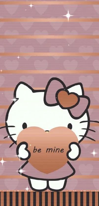 Cute cartoon cat holding heart, striped pink background.