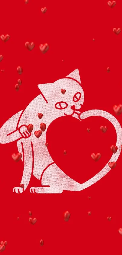 Minimalist white cat with heart on red background wallpaper.