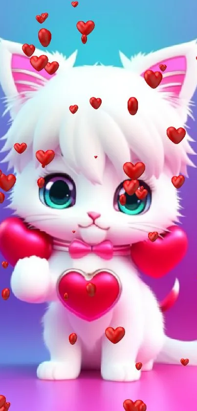 Cute white cat with hearts on a pink and blue gradient background.