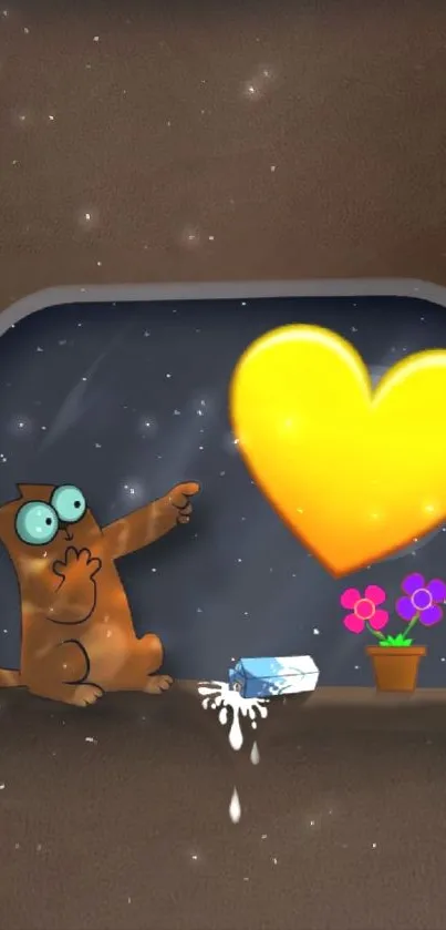 Cute cartoon cat with a glowing heart on a brown wallpaper.