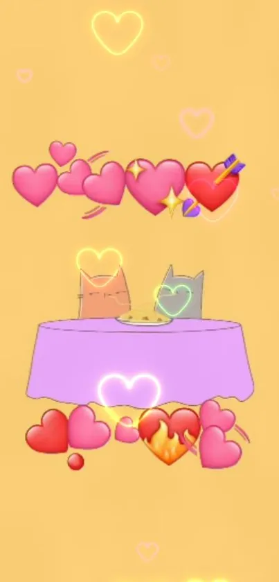 Two cartoon cats with hearts on a light orange background.