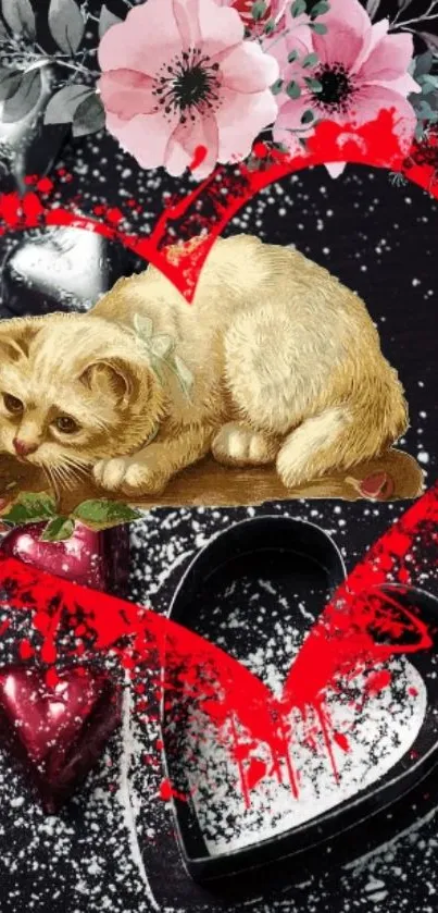 Cute kitten in heart artwork with flowers and love theme.