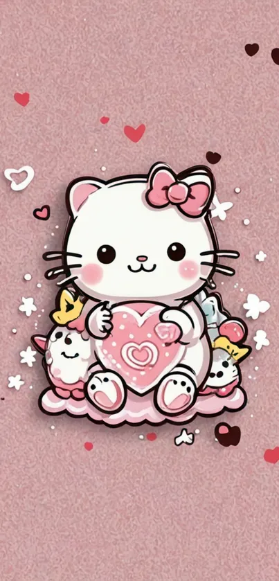 Cute cartoon cat with heart on pink background.