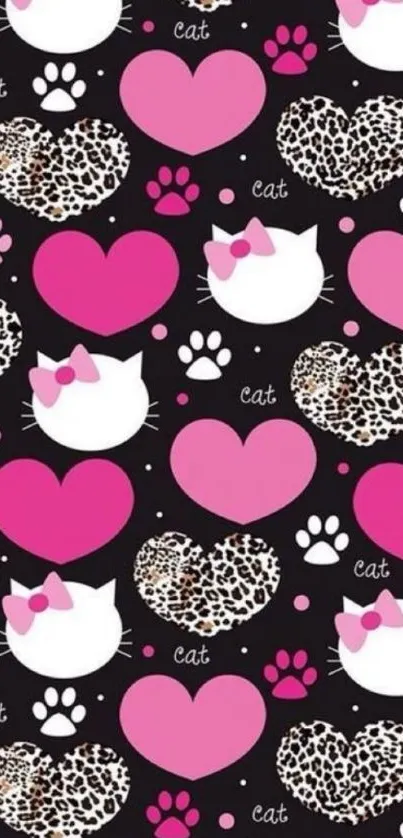 Cute cat and heart pattern wallpaper in pink and black for mobile phones.