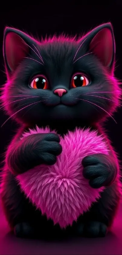 A cute black cat holding a pink heart on a dark background.