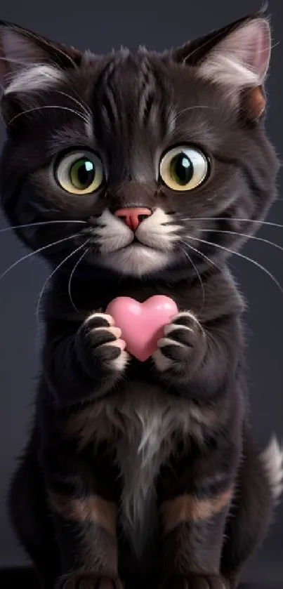 Cartoon kitten with big eyes holding a heart on a dark background.