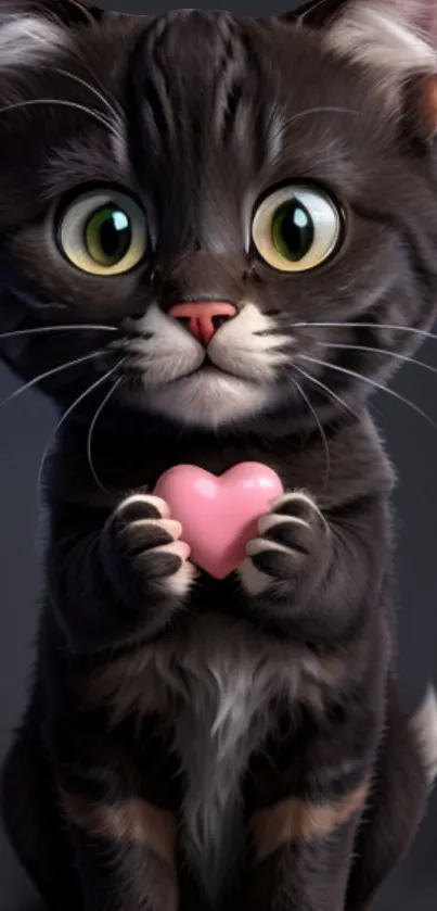 Cute cat holding a pink heart in digital art style.