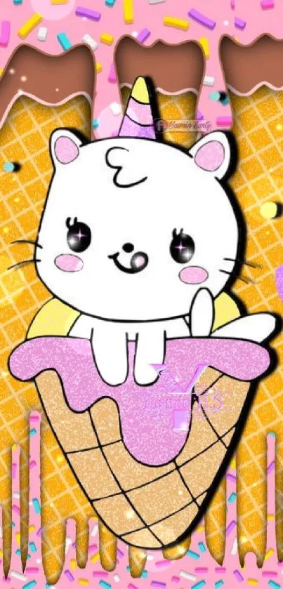 Adorable cartoon cat in ice cream cone wallpaper.