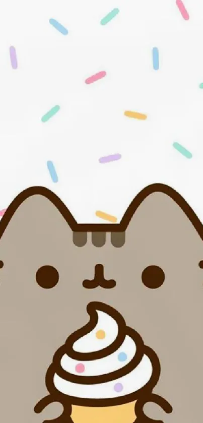 Cute cartoon cat holding an ice cream with sprinkles on a white background.