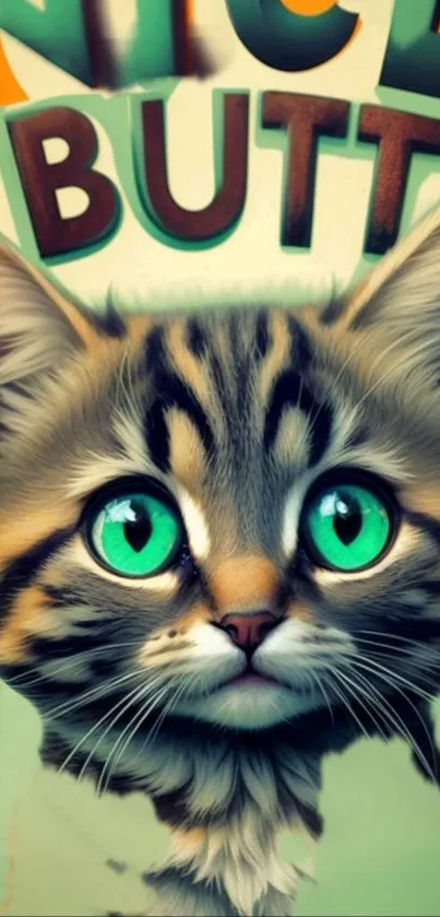 Playful illustrated cat with teal eyes and vibrant background.