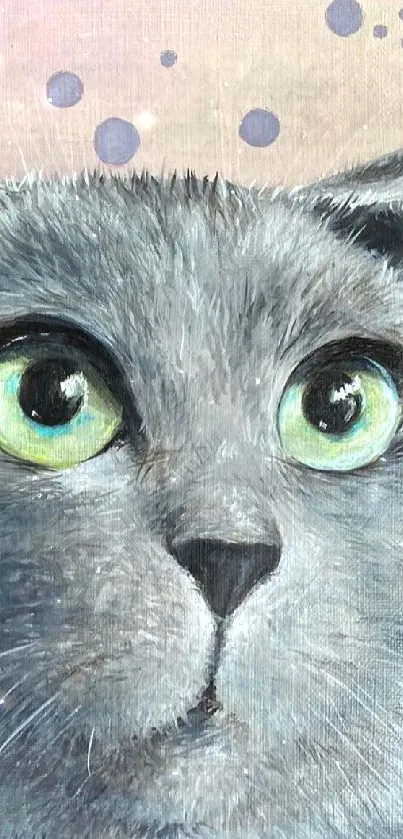 Artistic grey cat with green eyes on a whimsical mobile wallpaper.