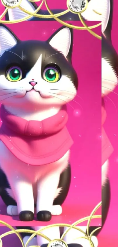 Cute black and white cat in pink attire on a pink background.