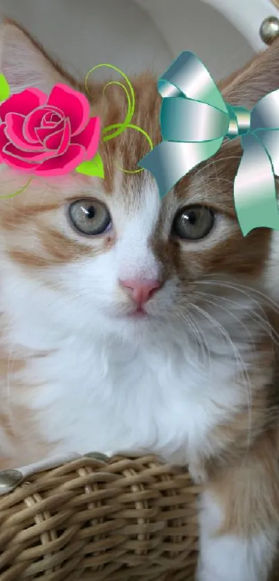 Cute kitten with flower crown in a wicker basket.