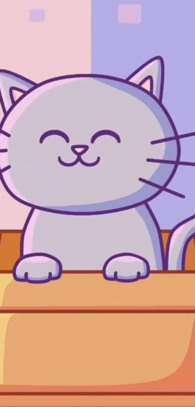 Cute cartoon cat in a box wallpaper with a purple background.