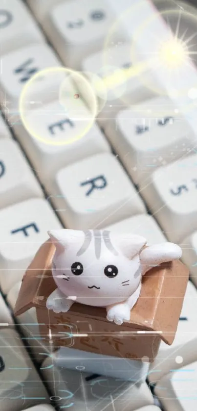 Cute cat figurine in a box on a vintage keyboard.