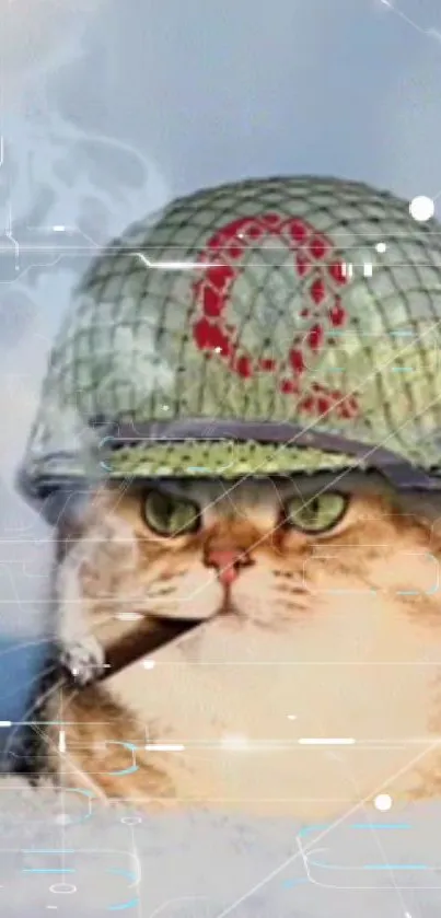 Adorable cat in army helmet with a cigar, digital art wallpaper.