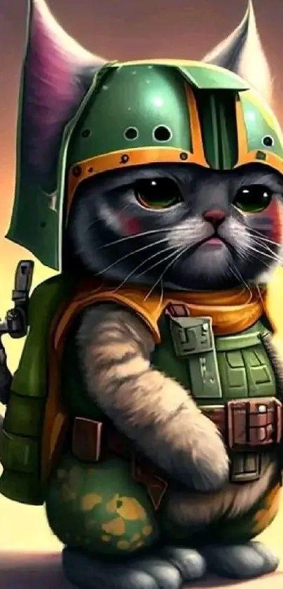 Cute cat in detailed battle armor with vibrant colors.