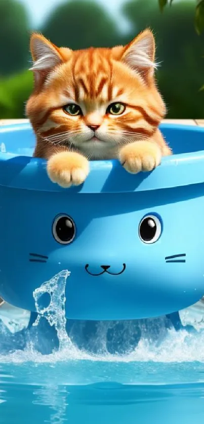 Playful kitten in a blue bucket with splashing water and green nature background.