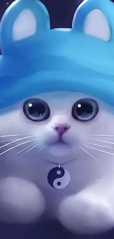 Cute white cat with blue hat