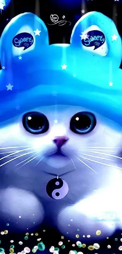 Adorable cat with blue hat and big eyes in a playful mobile wallpaper.