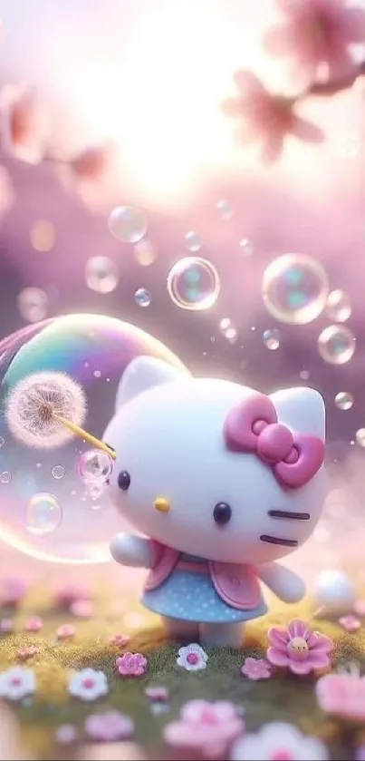 A cute cat in a pink bubble fantasy world with blossoms and bubbles.