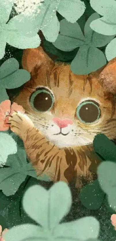 Cute cat peeking through clover leaves in illustrated wallpaper.