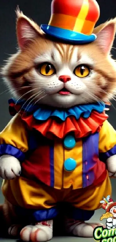 Cute cat dressed as a clown in vibrant attire.