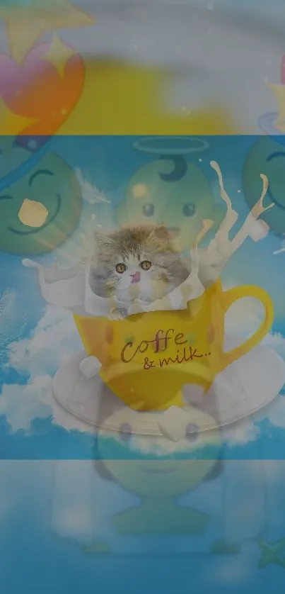 Cute cat in a yellow coffee cup against a blue background with whimsical emojis.