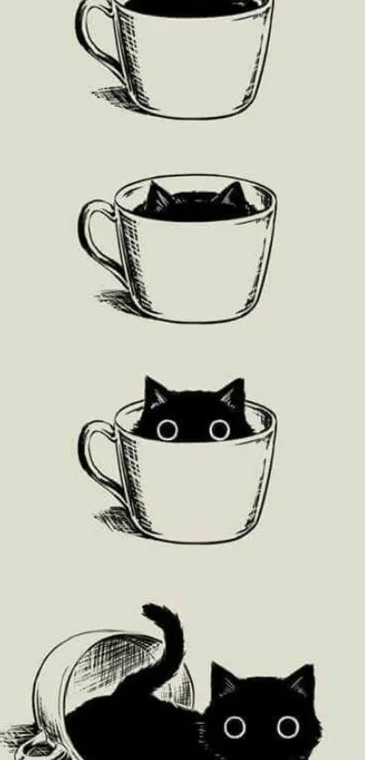 Cute black cat peeking inside coffee cups on a pale grey background.