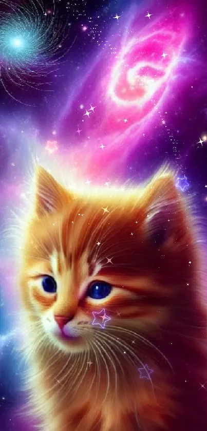 Cute cat in a vibrant cosmic galaxy with purple and pink hues.