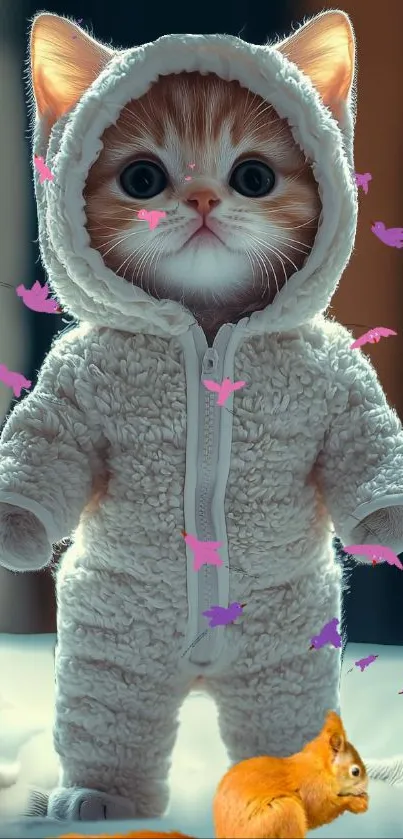 Cute kitten in fluffy outfit with butterflies.