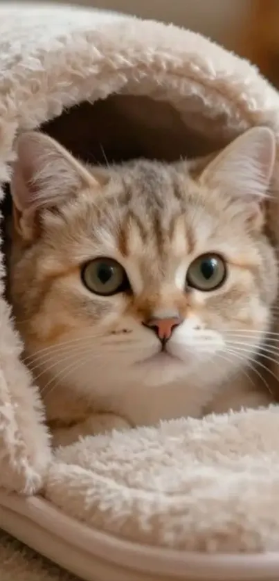 A cute cat snuggled inside a cozy slipper with soft beige texture.