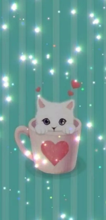 Cute cat in a pink cup on a teal, sparkly background.