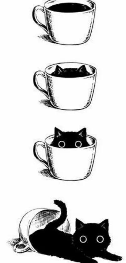 Cartoon black cat peeking from cups, whimsical illustration.