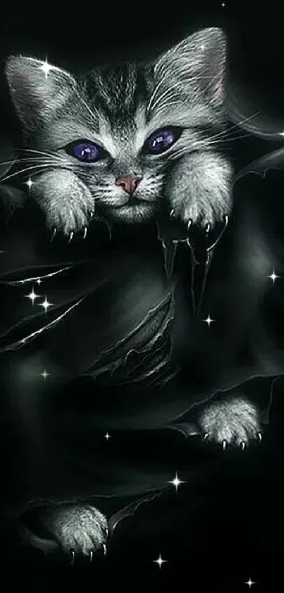 Cute kitten with piercing eyes in a dark, mysterious wallpaper.